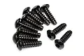 A group of ten black metal button head screws with coarse threads arranged on a white background.