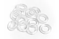 A pile of twelve translucent silicone O-rings on a white background.
