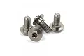 A close-up view of three small silver-coloured metal servo lock screws with a flat head design on a white background.