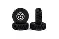 A set of four Yeah Racing 5-spoke aluminium and graphite beadlock wheels with black crawler tyres for RC cars against a white background.