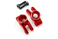 A pair of red anodized aluminium rear hubs for Kyosho Mini-Z RC cars by Yeah Racing, shown with two black mounting screws on a white background.