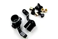 Two black aluminium steering hubs for Kyosho Mini-Z with included screws and brass bushings on a white background.