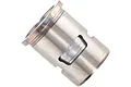 A metal cylinder sleeve for an RC nitro engine, showing the port cutouts and a polished finish against a white background.