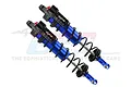 A pair of GPM Racing blue and black aluminium piggyback shock absorbers for RC cars, featuring adjustable collars and black coil springs.