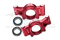 A pair of red anodized aluminium oversized rear hubs for RC cars by GPM Racing, shown with two metal ball bearings.