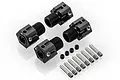 Four black GPM Racing aluminium wheel hex adapters with +6.5mm offset, including small grub screws and long threaded pins on a white background.