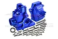 GPM Racing blue anodized aluminium gearbox case set for RC cars, including two case halves, a ball bearing, and a set of mounting screws.