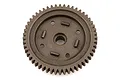 A dark grey steel spur gear for an RC car, featuring a central hole and mounting points, isolated on a white background.
