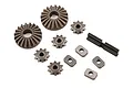 Traxxas Sledge gear differential rebuild set including bevel gears, spider gears, cross pins, and shims on a white background.