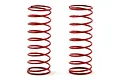 Two red metal coil shock springs for RC vehicles, shown side-by-side against a white background.
