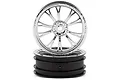 Two chrome Weld Racing style RC drag racing front wheels stacked on a white background.