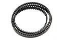 A black rubber toothed drive belt for an RC car, shown in a studio setting against a white background.