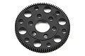 A black XRAY 90T 64dp offset spur gear for RC cars, featuring a circular design with multiple weight-reduction holes and the number 90 stamped on the face.