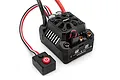 Maverick FLX10-3S100 brushless ESC with integrated cooling fan, power switch, and wiring on a white background.