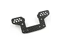 A black carbon fiber rear camber link mount for a Kyosho Optima Mid RC car, featuring multiple mounting holes and a woven texture.