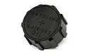 A black plastic fuel tank cap for an HPI Baja RC car, featuring molded text that reads GASOLINE + 2-STROKE OIL on the top surface.