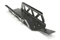 A gunmetal grey metal main chassis plate for an HPI Baja RC vehicle, shown from a high-angle perspective against a white background.