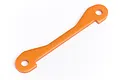 An orange anodized aluminium suspension arm pin brace for HPI RC vehicles, featuring a flat, elongated shape with a circular mounting hole at each end.