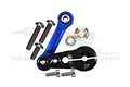 GPM Racing black aluminium 23T servo horn with blue tie rod and mounting hardware on a white background.