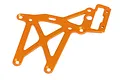 An orange anodized aluminum rear upper plate for HPI Baja RC vehicles, featuring a lightweight truss design with multiple mounting holes.