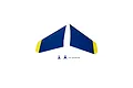 A pair of blue and yellow horizontal stabilizers for an E-Flite F-18 RC plane, shown with included control horns and screws on a white background.