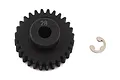 ARRMA 28T pinion gear with a black finish and a small metal E-clip, isolated on a white background.