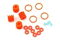 A set of orange silicone shock limiters and various O-rings for Losi RC vehicles on a white background.