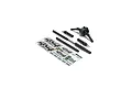 ARRMA BOOST 4x4 transmission upgrade kit parts including a differential, drive shafts, and a sheet of 4x4 decals on a white background.