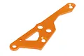 An orange anodized aluminium chassis brace for an HPI RC car, featuring a triangular cutout and multiple mounting holes.