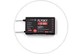 FlySky FS-SR8 8-channel 2.4GHz RC receiver with dual antennas, showing port labels and bind button on a black casing.