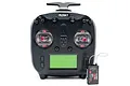 FlySky FS-ST8 2.4GHz radio transmitter with a black carbon fiber texture and a separate FS-SR8 8-channel receiver on a white background.