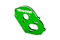 A green anodized aluminium motor plate for Traxxas RC vehicles, featuring the Traxxas logo and various mounting holes.