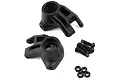 Two black Traxxas steering hubs with associated screws and nuts on a white background.