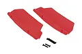 Two red Traxxas rear mud guards with mounting screws on a white background.