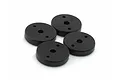 Four black circular shock pistons with two small holes and a central hole, arranged on a white background.