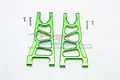 Two green anodized aluminium front lower suspension arms for RC cars, accompanied by four small metal screws, displayed on a white background.