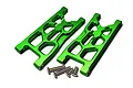 Two green anodized aluminium rear lower suspension arms for an RC car, accompanied by four small metal screws on a white background.