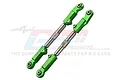 Two GPM Racing green anodised aluminium adjustable steering linkages with silver metal shafts, shown against a white background with a faint logo.