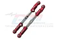 Two GPM Racing red aluminium adjustable steering linkages with silver metal turnbuckles, displayed against a branded background.