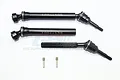 GPM Racing black steel universal swing shaft set for RC cars, including two driveshafts and two small grub screws on a white background.