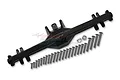 GPM black aluminium rear differential housing for RC vehicles with a large set of included mounting screws and washers.
