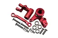 A GPM Racing red aluminium steering assembly set including bell cranks, steering link, bearings, and various screws on a white background.