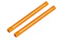 Two orange anodized aluminum hexagonal chassis braces for HPI RC vehicles, shown against a white background.
