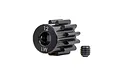 A black 12-tooth 1Mod steel pinion gear for RC cars, shown with its accompanying grub screw against a white background.
