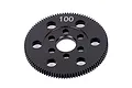A black CNC machined spur gear with 100 teeth, featuring a central mounting hole and multiple surrounding holes, isolated on a white background.
