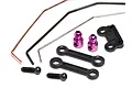 HPI E10 Sway Bar Set including three metal sway bars, two purple ball studs, two plastic links, a black mounting bracket, and two screws.