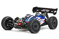 Studio shot of an ARRMA Typhon 6S TLR Tuned 1/8 scale RC buggy in red, white, and blue livery on a white background.