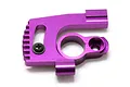 A purple anodized aluminium motor mount for an HPI E10 RC car, featuring a finned edge and a single black screw.