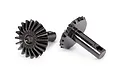 Two black metal differential output gears for Traxxas RC vehicles, shown from different angles on a white background.