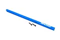 A blue anodized aluminium T-bar chassis brace for Traxxas RC vehicles, shown with two small black mounting screws on a white background.